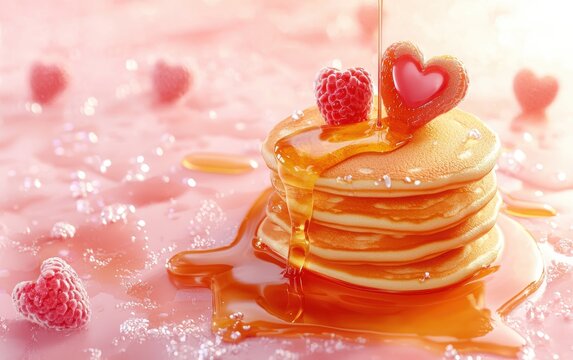 Floating stack of heart-shaped pancakes with honey drizzles and fruit bursts on a cozy pastel-themed background for Saint Valentines Day and 8 March International Womens Day - Powered by Adobe