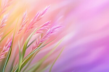 Obraz premium Pastel-colored ornamental grass with soft blurred purple, yellow, and pink bokeh background, creating a serene and calming atmosphere, nature tranquility concept
