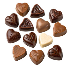 Fototapeta premium An assortment of heart-shaped chocolates in various colors and designs. Isolated on a transparent background, PNG. Generative Ai.