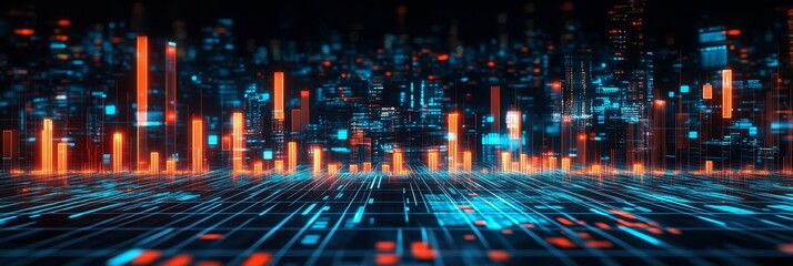 Digital Cityscape With Glowing Graphs Representing Big Data, Analytics, Technology, And Innovation