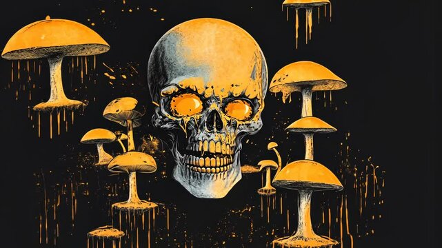 Mushroom Skull Halloween Vector Illustration of Spooky Skeleton and Pumpkin