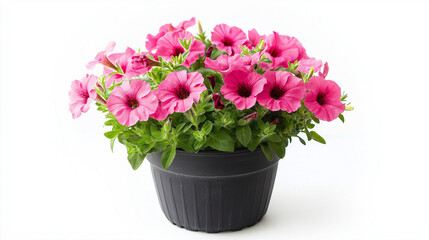 Fototapeta premium petunia plant in a black pot isolated on white background , pink flowers