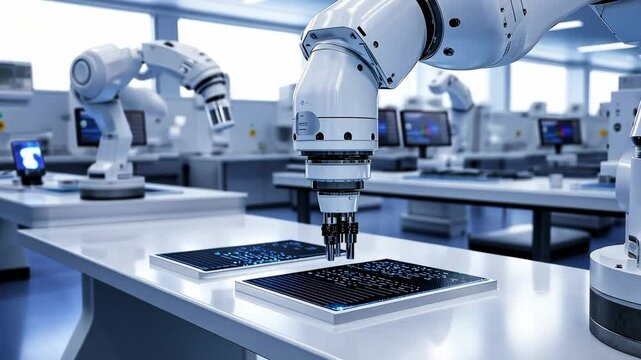 Robotic arms are precisely assembling electronic components in a modern industrial environment during daytime operations
