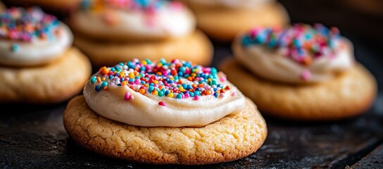 Professional food photography of frosted sugar cookies adorned with colorful sprinkles to create enticing visuals