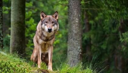 Vigilant Eurasian Wolf Stands Guard in Summer Forest A Captivating Encounter between Man and Natures Majesty, Embracing the Energy of the Early Morning Wilderness.