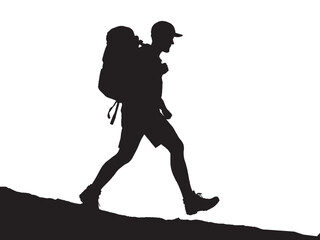 Hiking man Silhouettes. hiking man with rucksacks silhouette. hiker with backpack, vector silhouettes. mountaineer climber hiker people. Backpacker. walking with the aid of trekking poles.