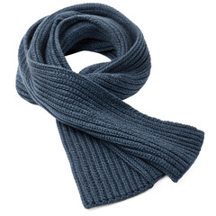 Soft, ribbed knit scarf in a muted blue hue. Isolated on a transparent background, PNG.