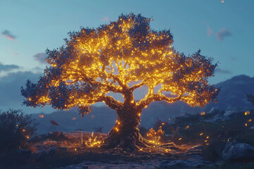 glowing tree illuminated by warm lights in serene landscape, surrounded by nature and mountains, creating magical atmosphere