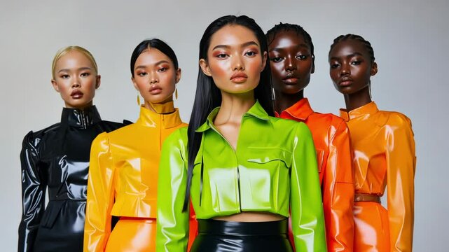 Diverse women models in vibrant latex outfits pose together, showcasing the latest fashion trends while celebrating diversity and self expression