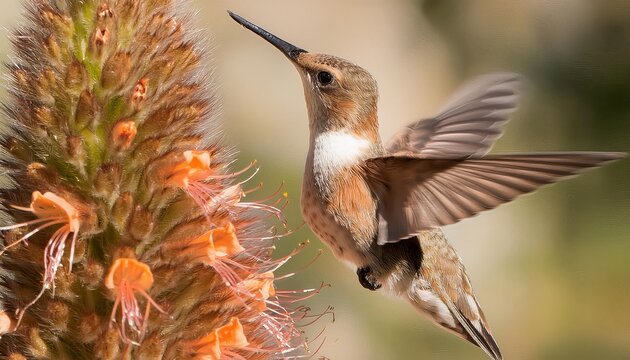 Vivid Allens Hummingbird Selasphorus sasin in Vibrant Flight over UCSC Arboretums Blooming Wildflowers, California, Captured at Golden Hour