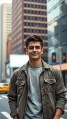 Vertical Portrait of a Happy Handsome Young Man in Casual Clothes Posing on the Street Successful Ma
