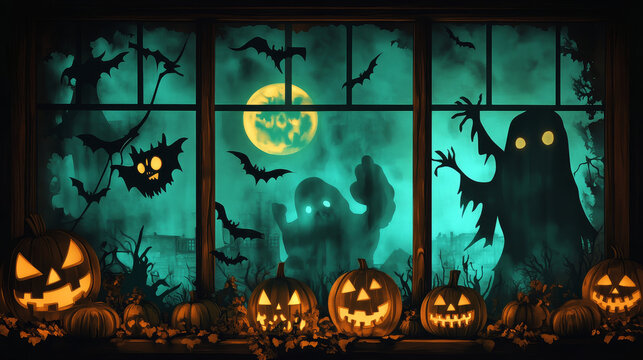 halloween window scene with pumpkins, bats, ghosts clip art preview
