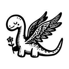 cute dinosaur with wings holding a flower simple doodle sketch