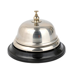 A polished silver service bell with a black base. Isolated on a transparent background, PNG.