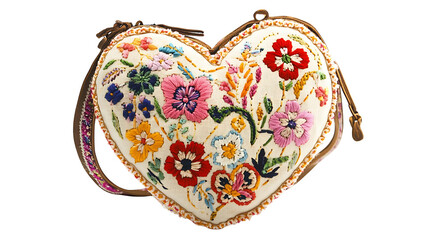 A heart-shaped bag with floral embroidery, isolated on white background in HD