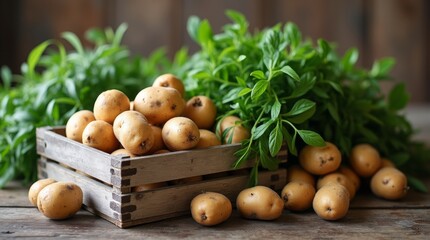 Fresh potatoes and herbs in rustic wooden crate on farmhouse table