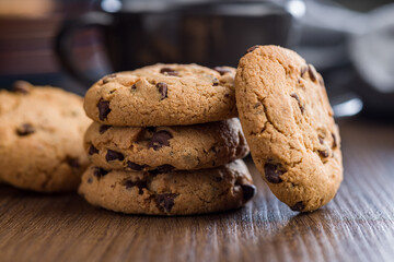 Chocolate chip cookies on wooden table.