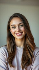 Obraz premium Close Up Female Beauty Vertical Portrait Happy Caucasian Woman with Natural Healthy Skin Brown Hair