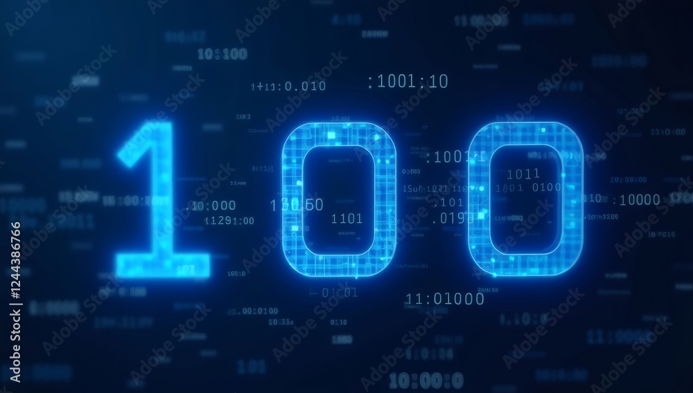 Wall mural blue digital binary data on computer screen, technology background