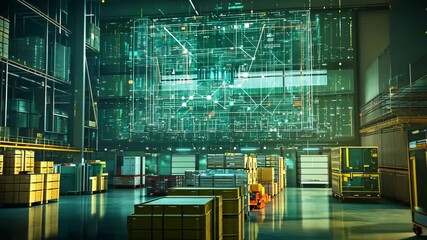 Futuristic warehouse with digital interface and automated systems - Powered by Adobe