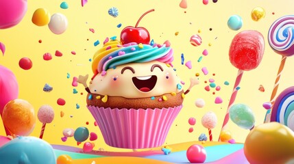 Joyful Cupcake in a Candyland Wonderland: A Delightful 3D Render