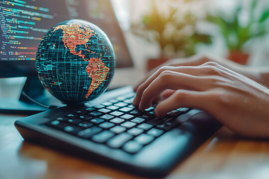 person typing on keyboard with digital globe representing global connectivity and technology. background features computer screen displaying code, symbolizing internet based communication - Powered by Adobe