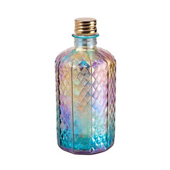 Iridescent glass bottle with a gold cap. Isolated on a transparent background, PNG.