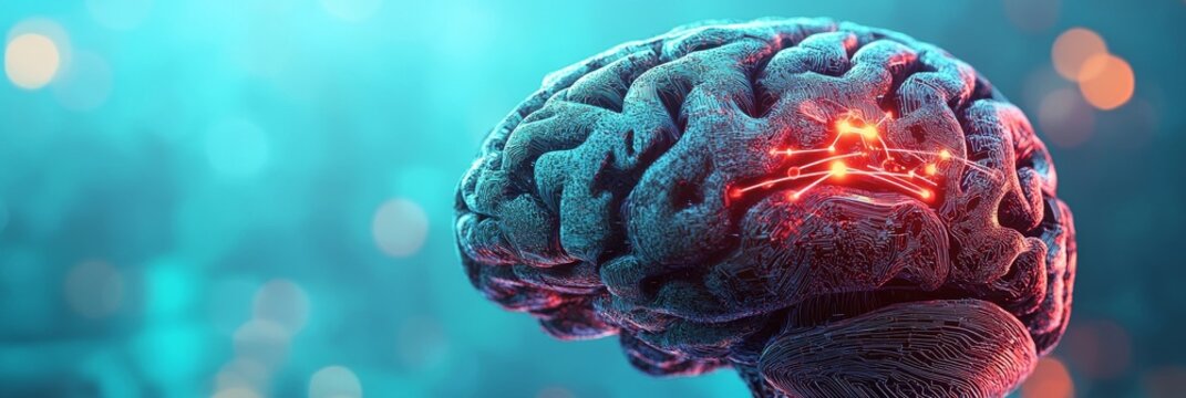 The human brain in 3D, neuroscience, stock market, a glowing network, technological advancements, and scientific discoveries