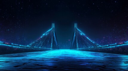 Obraz premium Futuristic city skyline featuring a glowing low poly bridge, embodying emerging technology and innovation