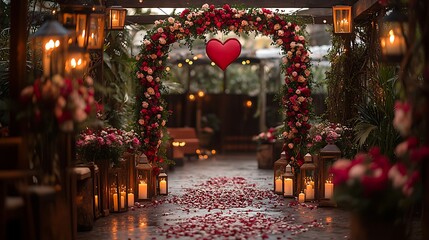 Valentine's evening garden decor with lanterns floral arches and a love themed centerpiece styled for an outdoor romantic event