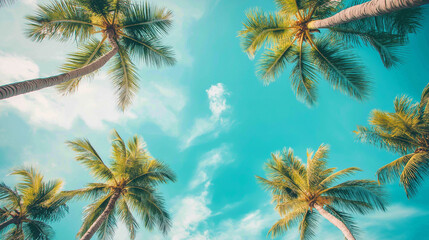 Stunning top-view shot of lush palm trees reaching toward a clear blue sky, capturing minimalistic summer vibes. Perfect for an Instagram story, evoking relaxation and tropical warmth.