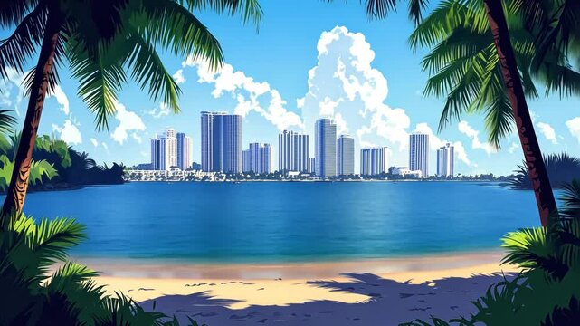 Colorful Urban Skyline Illustration of Miami Cities over Water