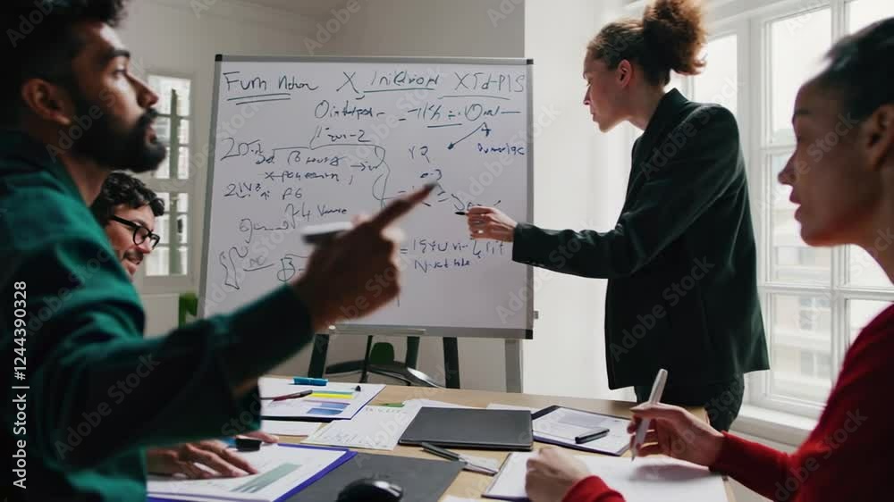 Poster Business team members actively engaging in a problem solving session, pointing at a whiteboard with equations and discussing solutions, captured in slow motion