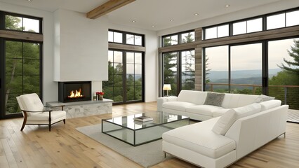 Modern living room, spacious interior, white sectional sofa,  (white fabric:1.2),  (cushions:1.1), glass coffee table,  (transparent glass top:1.1),  fireplace, (flames:1.1),  white armchairs, 