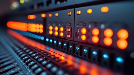 Close-up of illuminated audio equipment buttons and sliders in a recording studio environment
