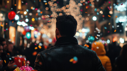 Fototapeta premium High-Resolution Portrait of a 25-Year-Old Eastern European Man in Fashion Week Style with Confetti and Fireworks