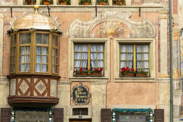 Frescoes depicting village life on the painted houses of the old town of Stein am Rhein, Canton Schaffhausen, Switzerland