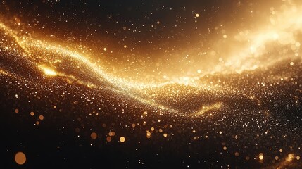 A shimmering cosmic scene filled with golden particles and ethereal light.