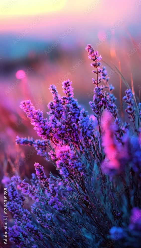 Poster Sun-Kissed Meadow, a Blurred Field of Vibrant Wildflowers with Bokeh Effect, leaving Space for Text