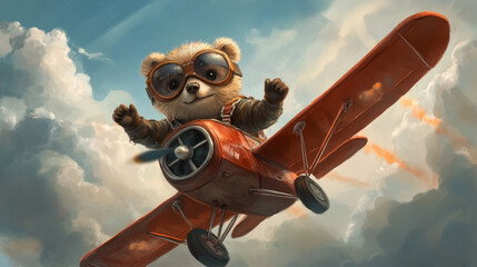 Cartoon baby bear animal character on plane. Animal kid airplane pilot navigates the skies with an adventurous spirit ready for high-flying adventure. Cute personage for game, book or baby shower card