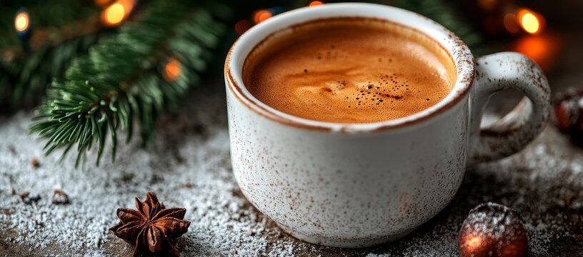 A serine table setting adorned with a cozy winter morning steaming mug, bathed in bokeh lights and decorated with festive foliage