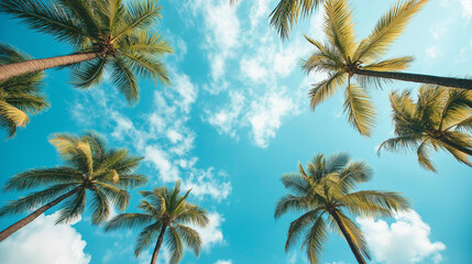 Stunning top-view shot of lush palm trees reaching toward a clear blue sky, capturing minimalistic summer vibes. Perfect for an Instagram story, evoking relaxation and tropical warmth.