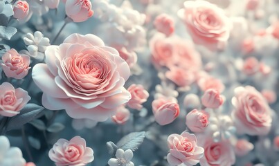Fototapeta premium Beautiful pink roses blooming in a garden, creating a romantic and serene atmosphere