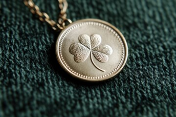 Golden coin with four-leaf clover engraving on dark green velvet