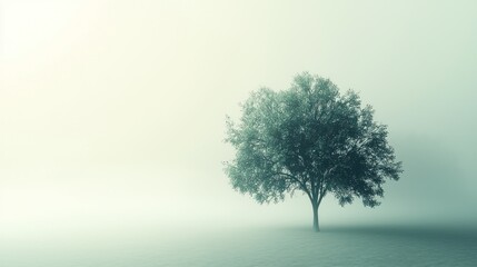 Obraz premium Solitary Tree in Misty Dawn: A Serene Landscape