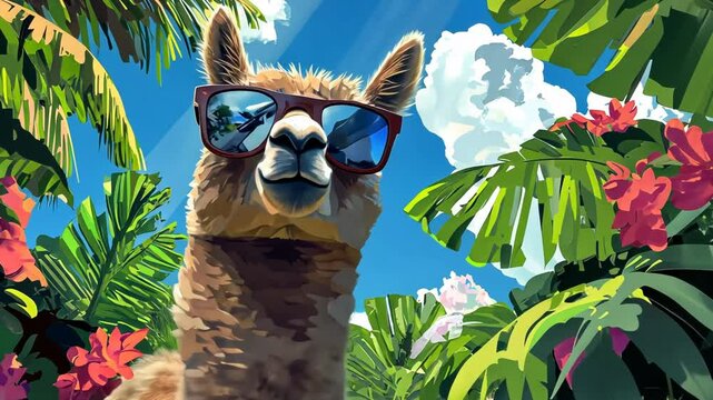 Cute Cartoon Llama with Glasses in Tropical 2D Vector Art Illustration