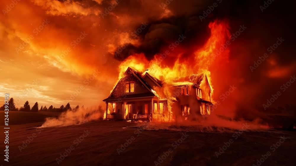 Poster flames engulfing a house at sunset create a dramatic scene of destruction and loss, emphasizing the 
