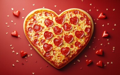 Heart-shaped pizza with melted cheese and pepperoni hearts on a festive red background for Saint Valentines Day