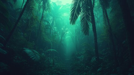 Obraz premium Exotic tropical forest scene featuring lush palm leaves and abundant trees, capturing a wild jungle vibe for a panoramic wallpaper