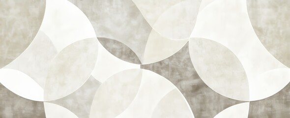 In a modern art design, a white abstract background is adorned with white circle rings in a faded, distressed vintage grunge texture, enhanced by an old geometric pattern.